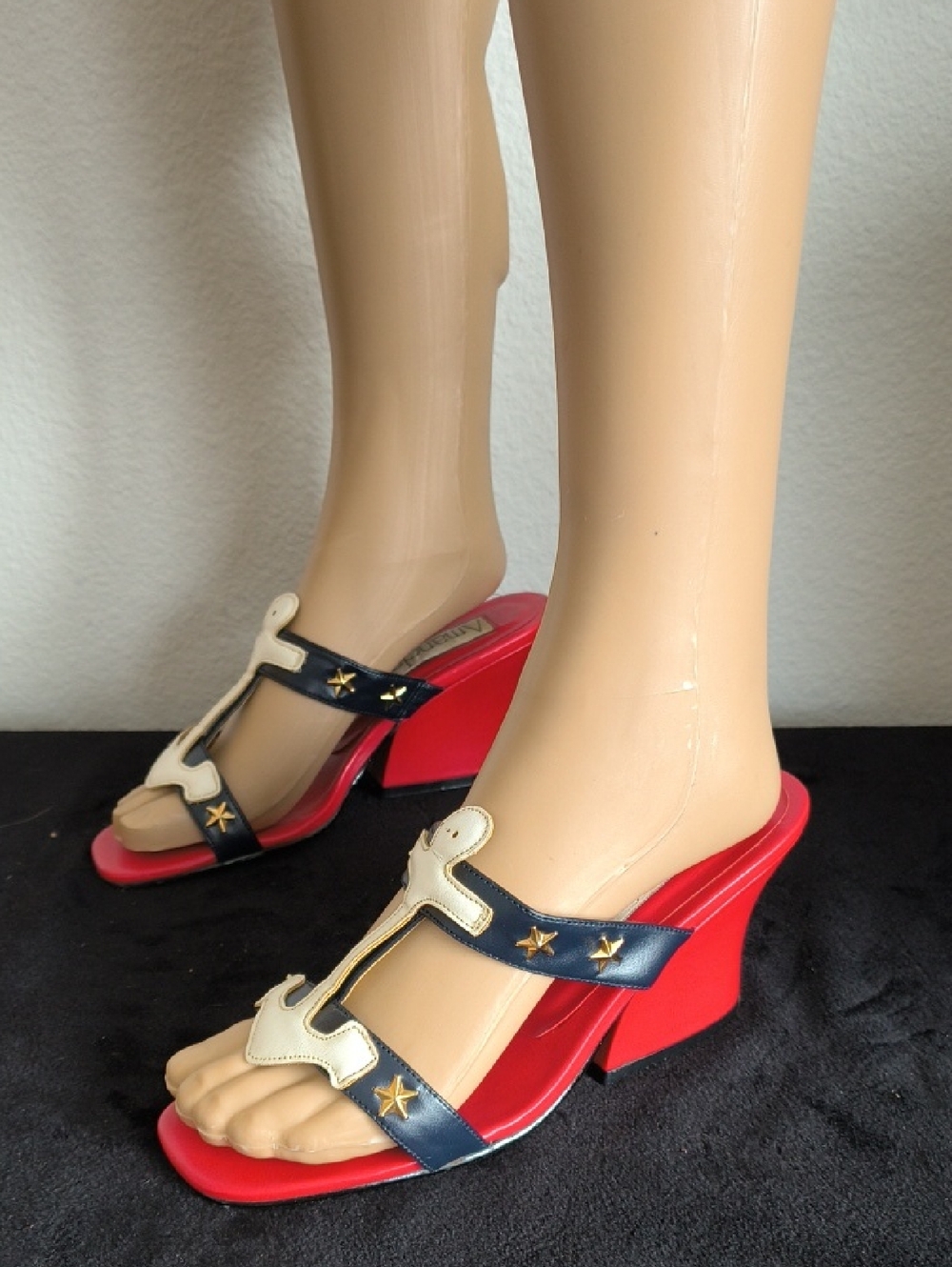 Navy, White & Red Star Accent Wedge Mules - Women's